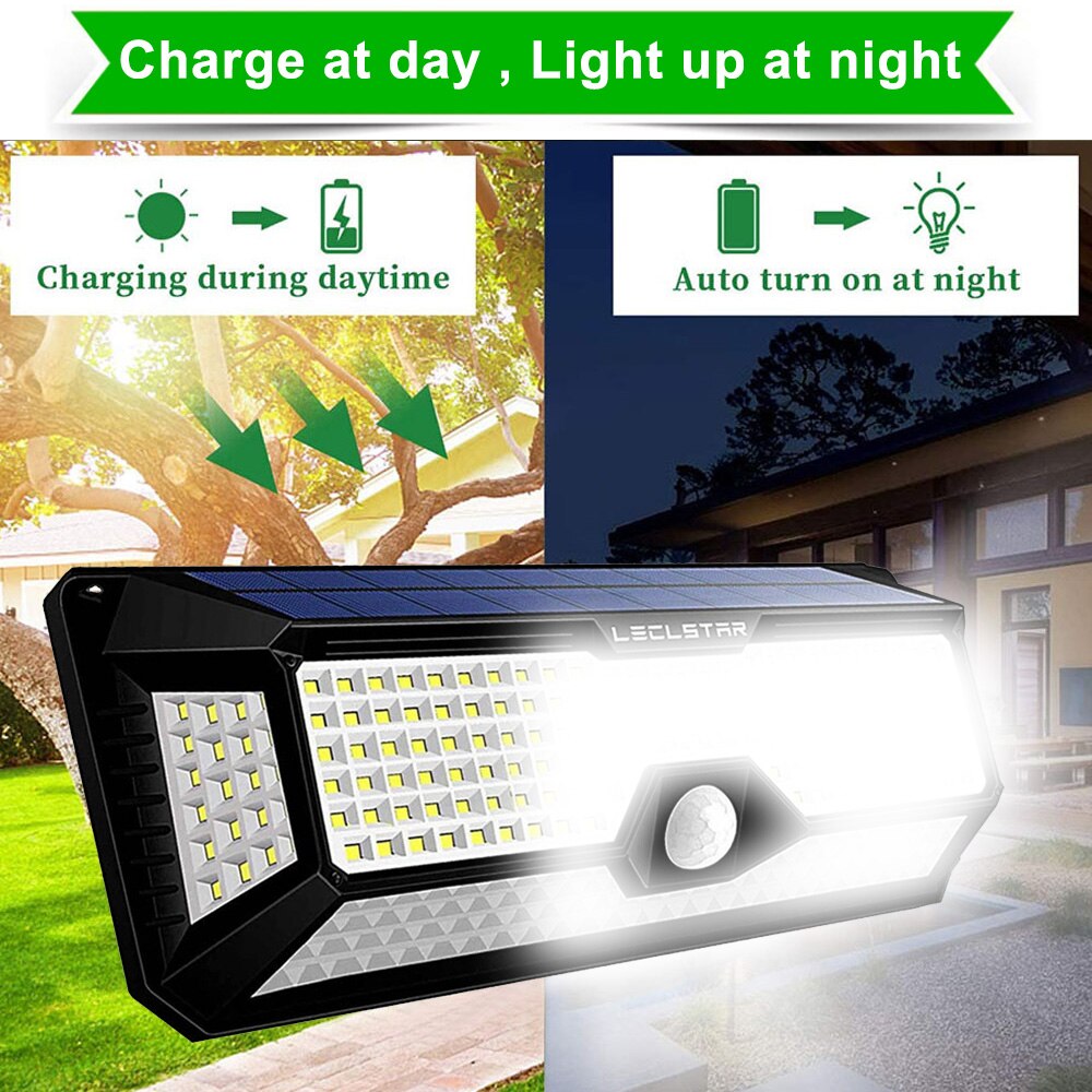 LEELSTAR solar-powered outdoor LED security light charging by day and auto lighting at night