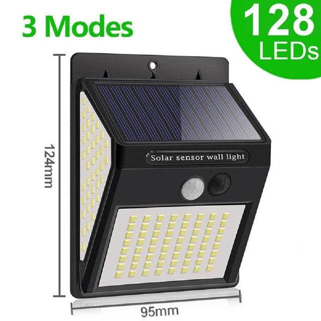 Black solar sensor wall light with 128 LEDs, 3 modes, measuring 124x95mm
