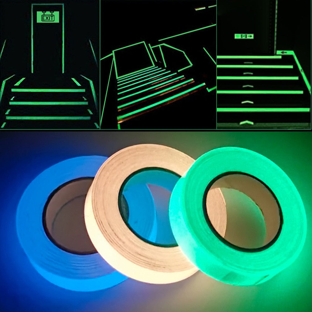 Glow in the dark safety tapes in blue, white, and green with examples of illuminated stair edges and EXIT sign markings